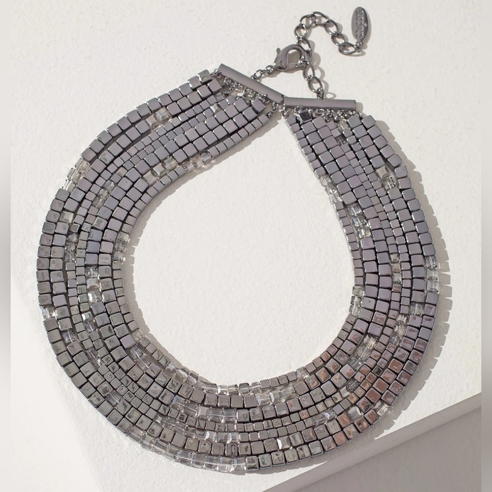 NWT SILVER & FAUX HEMATITE BEADED MULTI LAYER STATEMENT COLLAR NECKLACE